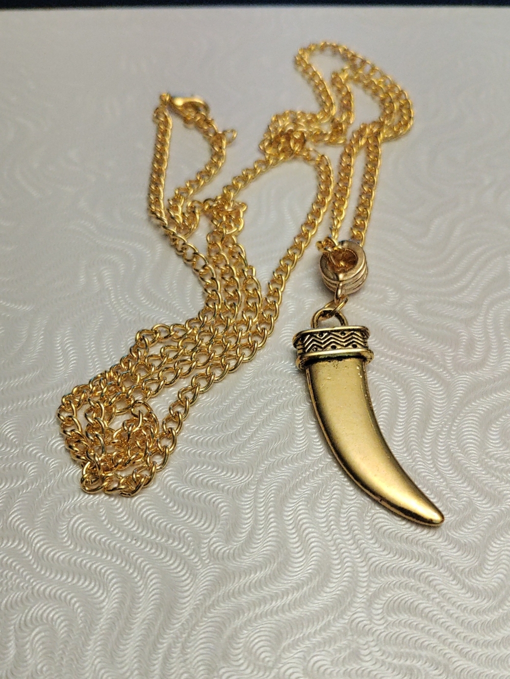 Gold Tone Claw/Horn Pendant Necklace With 30 Inch Chain- Women Jewelry
